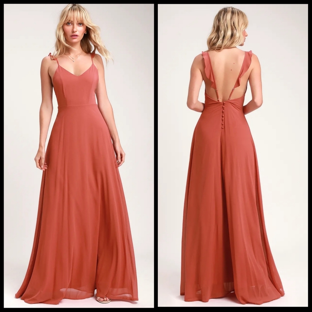 Lulu's Coral/Salmon Chiffon Gown Dress